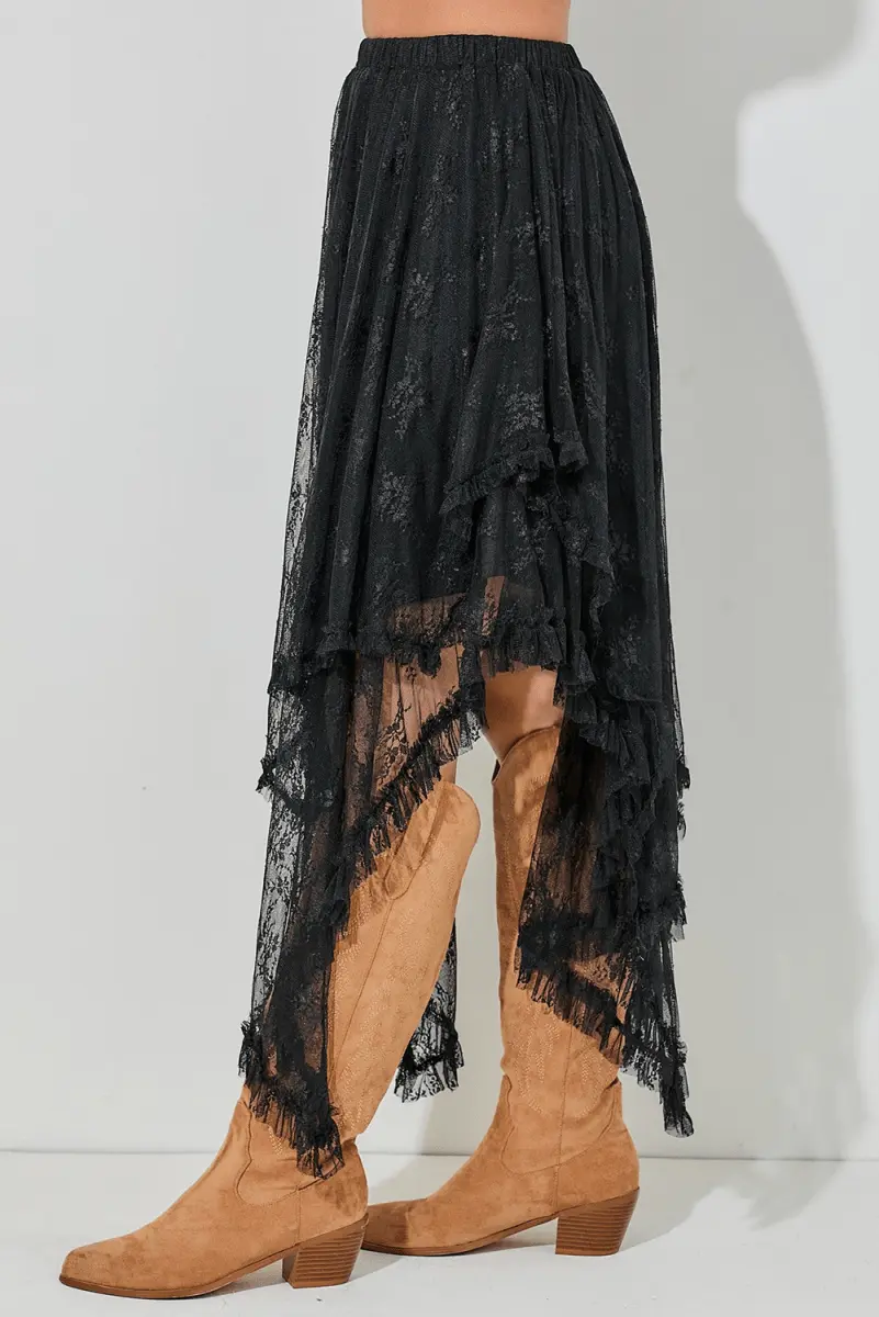 Black Lace Cascading Tiered High Waist Maxi Skirt Women - Love Salve
